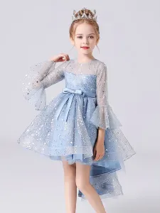Blue Flower Girl Dresses Jewel Neck 3/4 Length Sleeves Bows Formal Kids Pageant Dresses #528085
