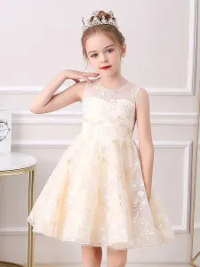 Champagne Color Flower Girl Dresses Jewel Neck Sleeveless Bows Kids Social Party Dresses #528067