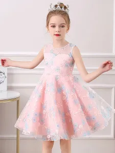 Champagne Flower Girl Dresses Jewel Neck Short Sleeves Embroidered Formal Kids Pageant Dresses #541702
