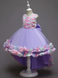 Flower Girl Dresses Pink Jewel Neck Sleeveless Bows Flowers Tulle Polyester Cotton Formal Kids Pageant Dresses #541863