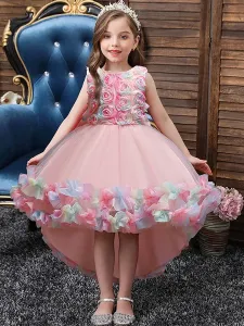 Flower Girl Dresses Pink Jewel Neck Sleeveless Bows Flowers Tulle Polyester Cotton Formal Kids Pageant Dresses #541868