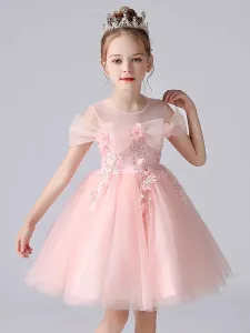 Light Pink Flower Girl Dresses Jewel Neck Polyester Short Sleeves Knee-Length A-Line Flowers Kids Party Dresses #541684