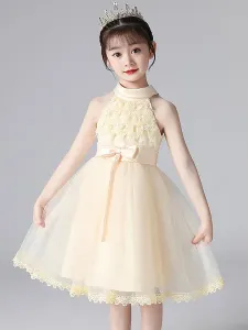 Pink Flower Girl Dresses Halter Neck Lace Sleeveless Short Princess Dress Bows Formal Kids Pageant Dresses #527774