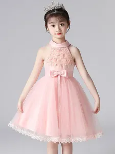 Pink Flower Girl Dresses Halter Neck Lace Sleeveless Short Princess Dress Bows Formal Kids Pageant Dresses #527780