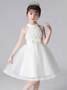 Pink Flower Girl Dresses Halter Neck Lace Sleeveless Short Princess Dress Bows Formal Kids Pageant Dresses #527786