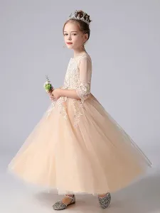 Pink Flower Girl Dresses Jewel Neck 3/4 Length Sleeves Tulle Lace Polyester Embroidered Kids Party Dresses #541606