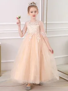 Pink Flower Girl Dresses Jewel Neck Half Sleeves Ankle-Length Lace Princess Silhouette Bows Formal Kids Pageant Dresses #527754