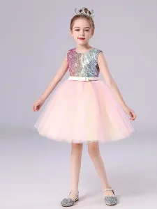 Pink Flower Girl Dresses Jewel Neck Polyester Sleeveless Knee-Length A-Line Tulle Sequins Kids Party Dresses #541960