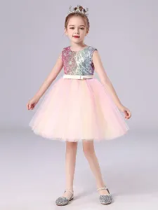 Pink Flower Girl Dresses Jewel Neck Sleeveless Bows Kids Social Party Dresses Sequined Tulle Short Dress #528079