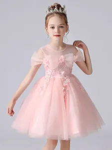 Pink Flower Girl Dresses Jewel Neck Sleeveless Short Princess Lace Flowers Formal Kids Pageant Dresses #528247