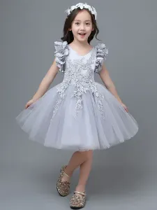 White Flower Girl Dresses A-Line Zipper V-Neck Sleeveless Tulle Flowers Kids Party Dresses #526219