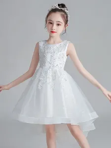 White Flower Girl Dresses Jewel Neck Sleeveless Bows Kids Party Dresses Short Princess Dress #528031