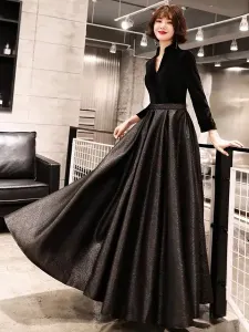 Black Prom Dresses Long V Neck Velvet Satin Patchwork Maxi Formal Gowns Wedding Guest Dresses Free Customization #479171