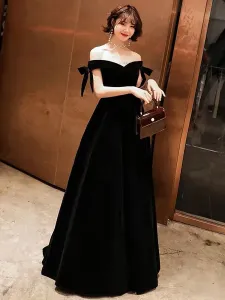 Prom Dresses Long Velvet Off Shoulder Bows Black Floor Length Formal Gowns Wedding Guest Dresses Free Customization #479187