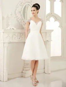 Simple Wedding Dresses Ivory A Line V Neck Ruched Knee-Length Bridal Dresses #452834