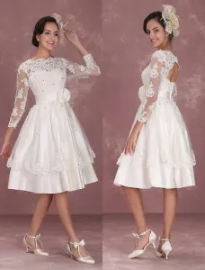 Vintage Wedding Dresses 1950s Short Lace Applique Long Sleeve Keyhole Flower Sash Tiered Bridal Dress Free Customization #452225