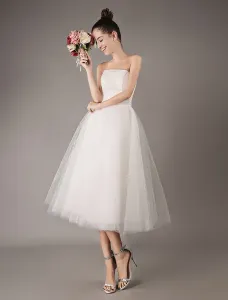 Vintage Wedding Dresses Short Tulle Strapless Tea Length Bridal Dress Free Customization #476319