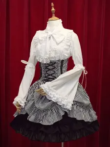 Black White Stripe High Waist Lolita Skirt Cotton Lace Up #455186