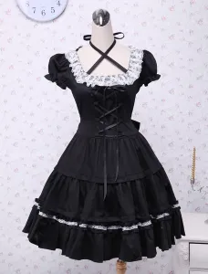 Cotton Black Lolita OP Dress Short Sleeves with Lace up and White Lace Trim #457050
