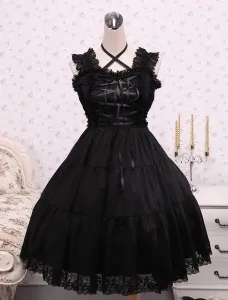 Pure Black Cotton Lolita Jumper Skirt Lace Trim Lace Up Waist Belt #457038