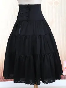 Pure Black Cotton Loltia Long Skirt High Waist Ruffles Trim #457008