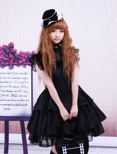 Rayon Yarn Black Lolita OP Dress with Ruffles Waist Belt #456452