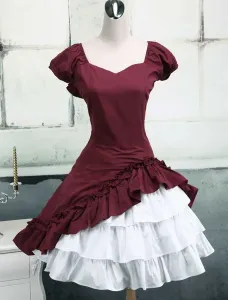 Wine White Lolita OP Dress Short Sleeves withe Ruffles #451973