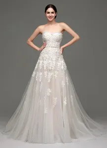 Champagne Wedding Dress Tulle Strapless Sweetheart Neckline Lace Up Sash Bridal Gown With Court Train Free Customization