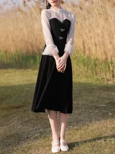Black Evening Dress A-Line Jewel Neck 3/4 Length Sleeves Zipper Stretch Tea-Length Crepe Social Party Dresses #563887