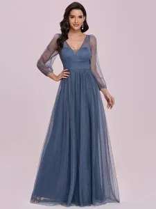 Evening Dress 2023 Blue Grey Tulle V-Neck A-Line Long Sleeves Floor-Length Pageant Dresses Wedding Guest Dresses #532484