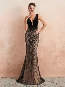 Evening Dress 2023 Mermaid Black Beaded Sleeveless V-Neck Formal Dresses Wedding Guest Dresses Free Customization #487312