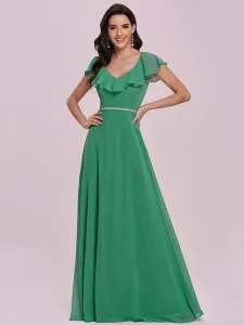 Green Evening Dress 2023 V-Neck A-Line Sleeveless Ruffles Chiffon Floor-Length Wedding Guest Dresses #532582