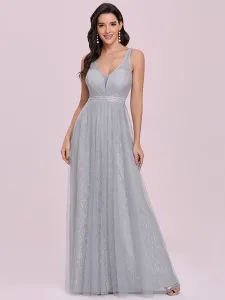Light Grey Evening Dress 2023 V-Neck A-Line Sleeveless Sash Lace Tulle Floor-Length Wedding Guest Dresses #532561
