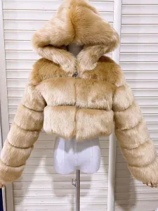 White Faux Fur Coats Hooded Short Jacket Women's Winter Outerwear #513769