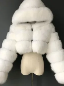 White Faux Fur Coats Hooded Short Jacket Women's Winter Outerwear #513770