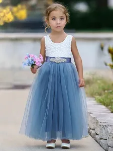 Blue Flower Girl Dresses Jewel Neck Sleeveless Sash Kids Party Dresses #535880