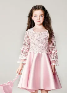 Blush Flower Girl Dress Boho Princess Lace Satin Bell Long Sleeve Flowers Knee Length Pageant Skater Dress #466389