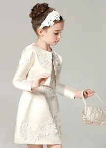 Champagne Flower Girl Dress Outfit A Line Flower Applique Beaded Knee Length Pageant Dress With Jacket Free Customization #466415