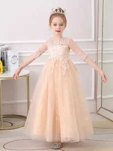 Champagne Flower Girl Dresses Jewel Neck Polyester Half Sleeves Ankle-Length A-Line Flowers Kids Party Dresses #532627