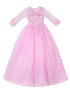 Champagne Flower Girl Dresses Jewel Neck Polyester Half Sleeves Ankle-Length A-Line Flowers Kids Party Dresses #532633