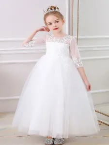 Champagne Flower Girl Dresses Jewel Neck Polyester Half Sleeves Ankle-Length A-Line Flowers Kids Party Dresses #532639