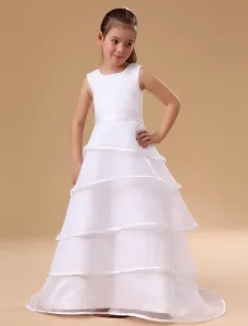 Flower Girl Dress White A Line Kids Pageant Dress Organza Ruffles Tiered Sash Floor Length First Communion Dress #467272