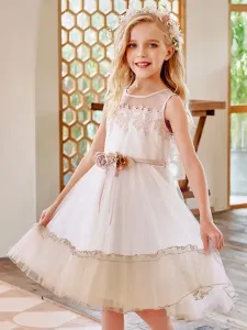 Flower Girl Dresses Champagne Jewel Neck Sleeveless Polyester Lace Tulle Flowers Kids Social Party Dresses #552584
