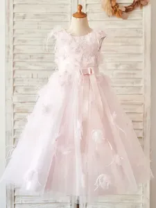 Flower Girl Dresses Jewel Neck Lace Sleeveless Tea-Length Princess Silhouette Bows Kids Social Party Dresses #512515