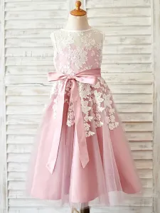 Flower Girl Dresses Jewel Neck Lace Sleeveless Tea-Length Princess Silhouette Sash Kids Social Party Dresses #483878