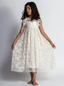 Flower Girl Dresses Lace Jewel Sleeveless Tea Length A Line Kids Party Dresses #496761