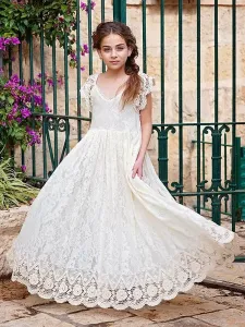 Ivory Flower Girl Dresses Jewel Neck Lace Short Sleeves Floor-Length A-Line Lace Kids Social Party Dresses #535992