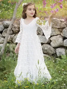 Ivory Flower Girl Dresses Jewel Neck Long Sleeves Lace Kids Party Dresses #536013