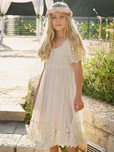 Ivory Flower Girl Dresses Jewel Neck Short Sleeves Lace Formal Kids Pageant Dresses Free Customization #535985