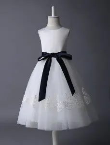 Ivory Tulle Flower Girl Dress With Lace Applique And Navy Blue Sash Free Customization #466842